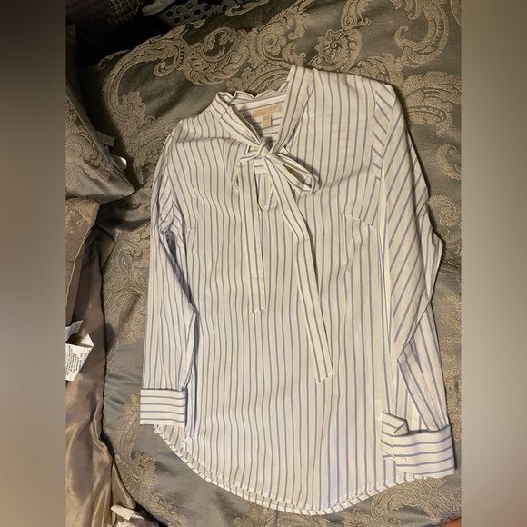 NEW Michael Michael Kors Long Sleeve Bow Neck Striped Blouse Shirt - Picture 5 of 8